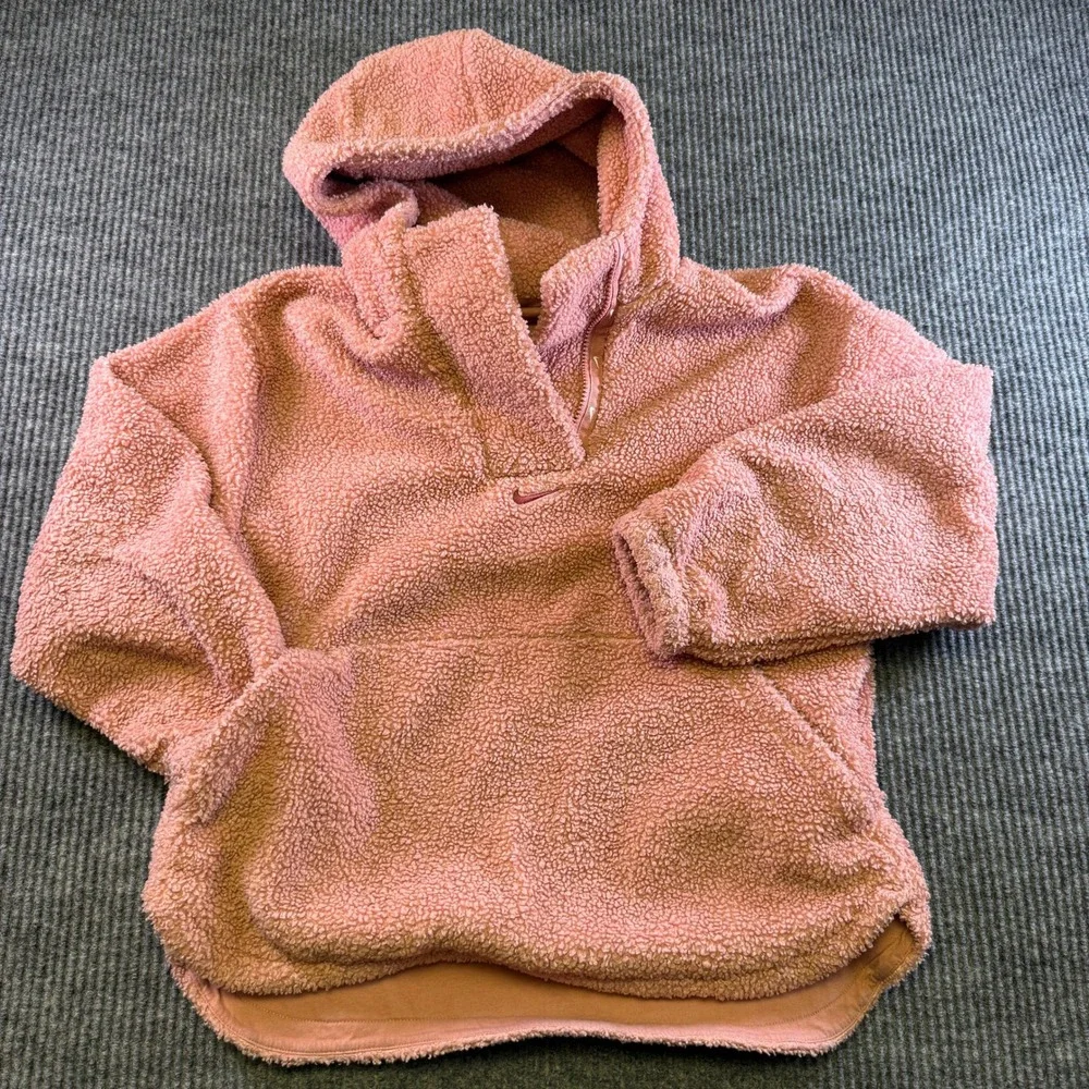 Nike Therma-FIT Women Pink Sherpa Fleece Quarter Zip Hoodie FN4783-618 Large